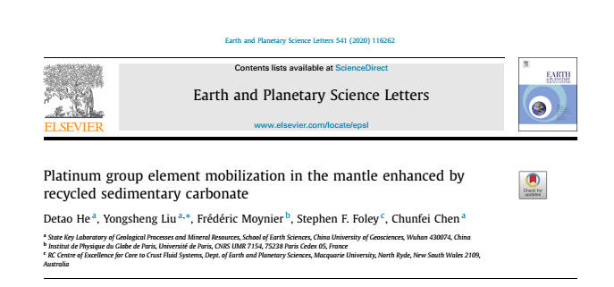 何德涛、刘勇胜【EPSL 2020】：再循环沉积碳酸盐岩可极大提高铂族元素在地幔的活动