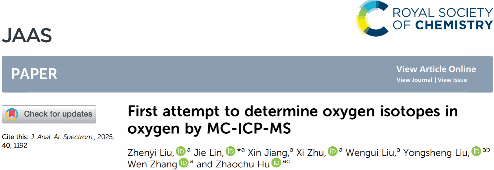 刘箴一、刘勇胜、蔺洁【JAAS 2025】使用多接收电感耦合等离子体质谱（MC-ICP-MS）测定氧同位素的首次尝...