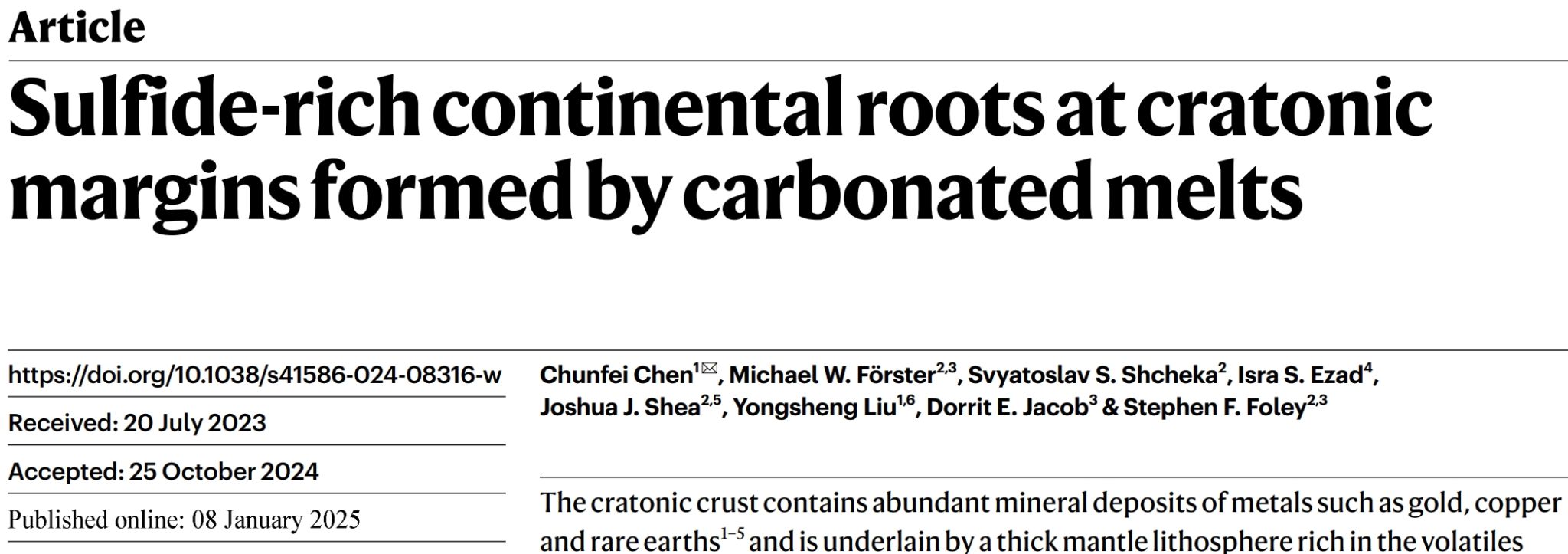 陈春飞等【2025 Nature】克拉通边缘碳酸盐熔体迁移形成富硫化物大陆根